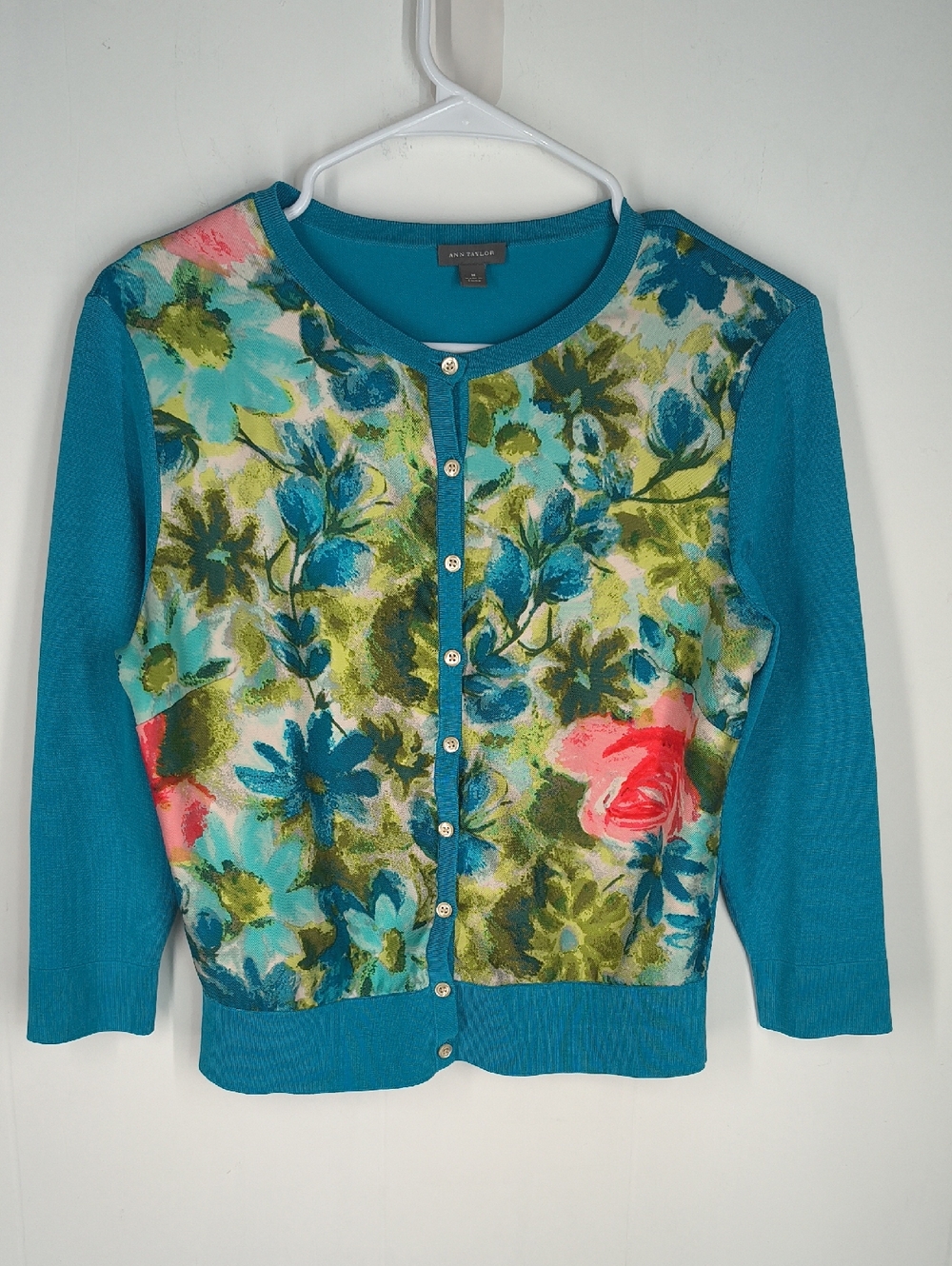 Ann Taylor Retro Silk Blend Floral 3/4 Sleeves Cropped Cardigan Size Medium